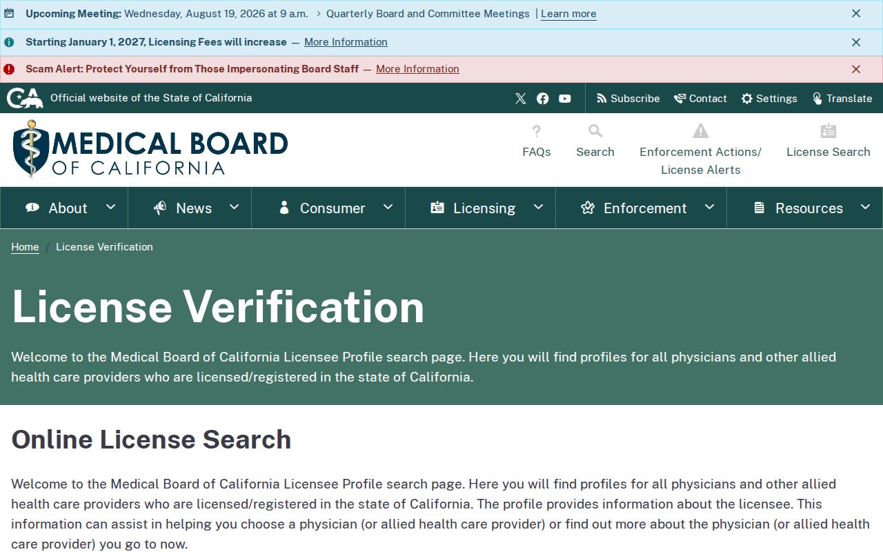Redondo Beach resident lookup Medical Board license verification