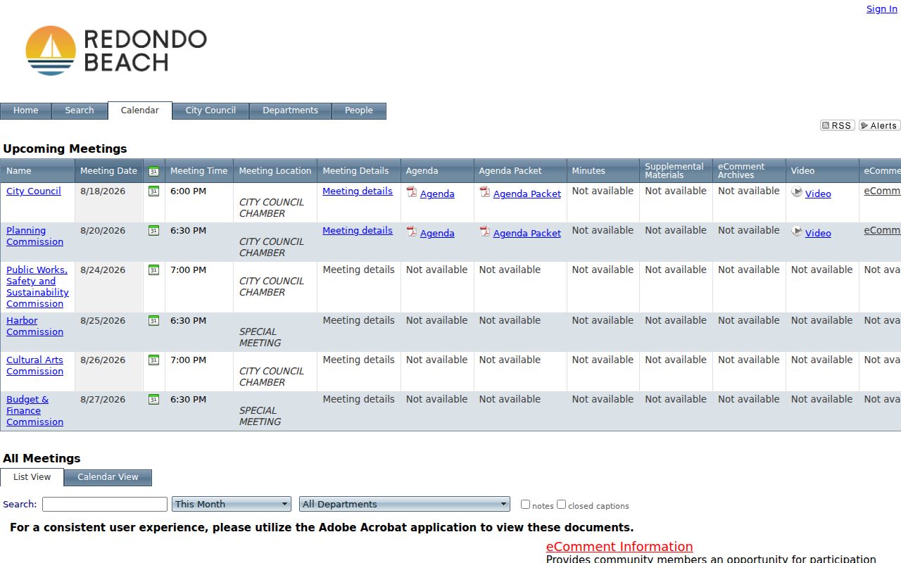 Redondo Beach street directory view of the Legistar civic records archive